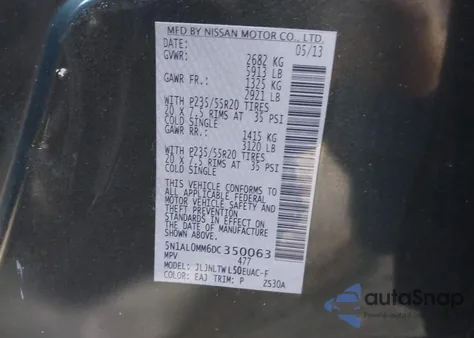 2013 Infiniti Jx35 z USA, uszkodzony, nr VIN 5N1AL0MM6DC350063